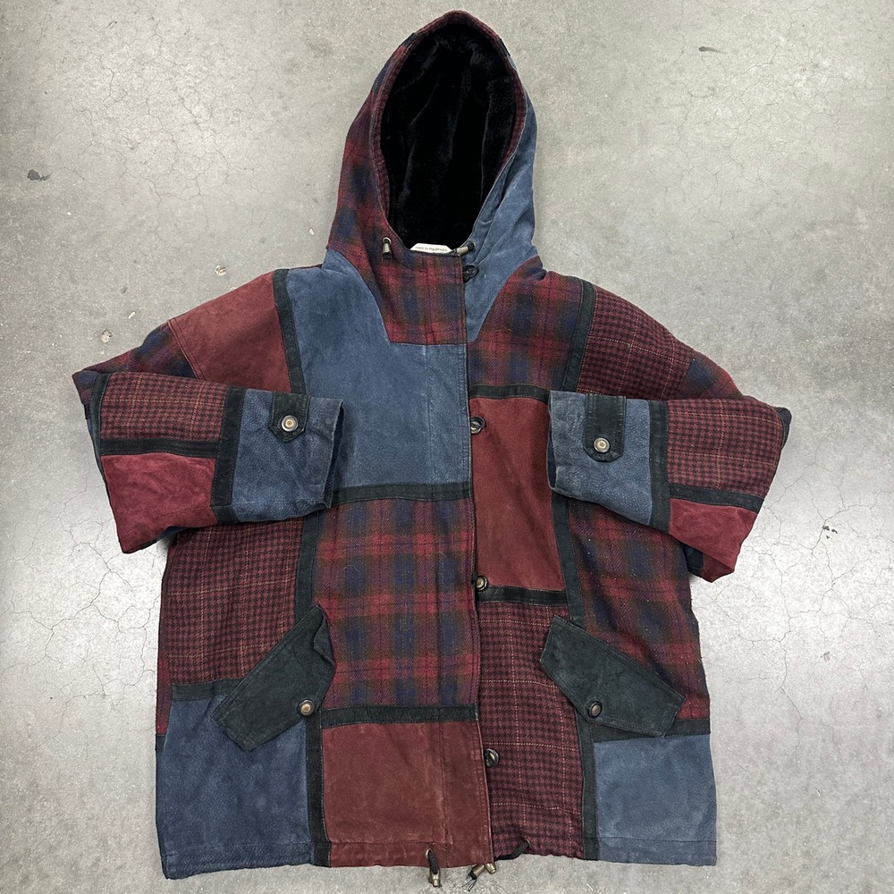 Vintage Brandon Thomas Mens Patchwork Leather Wool Hooded Jacket Burgundy Blue L